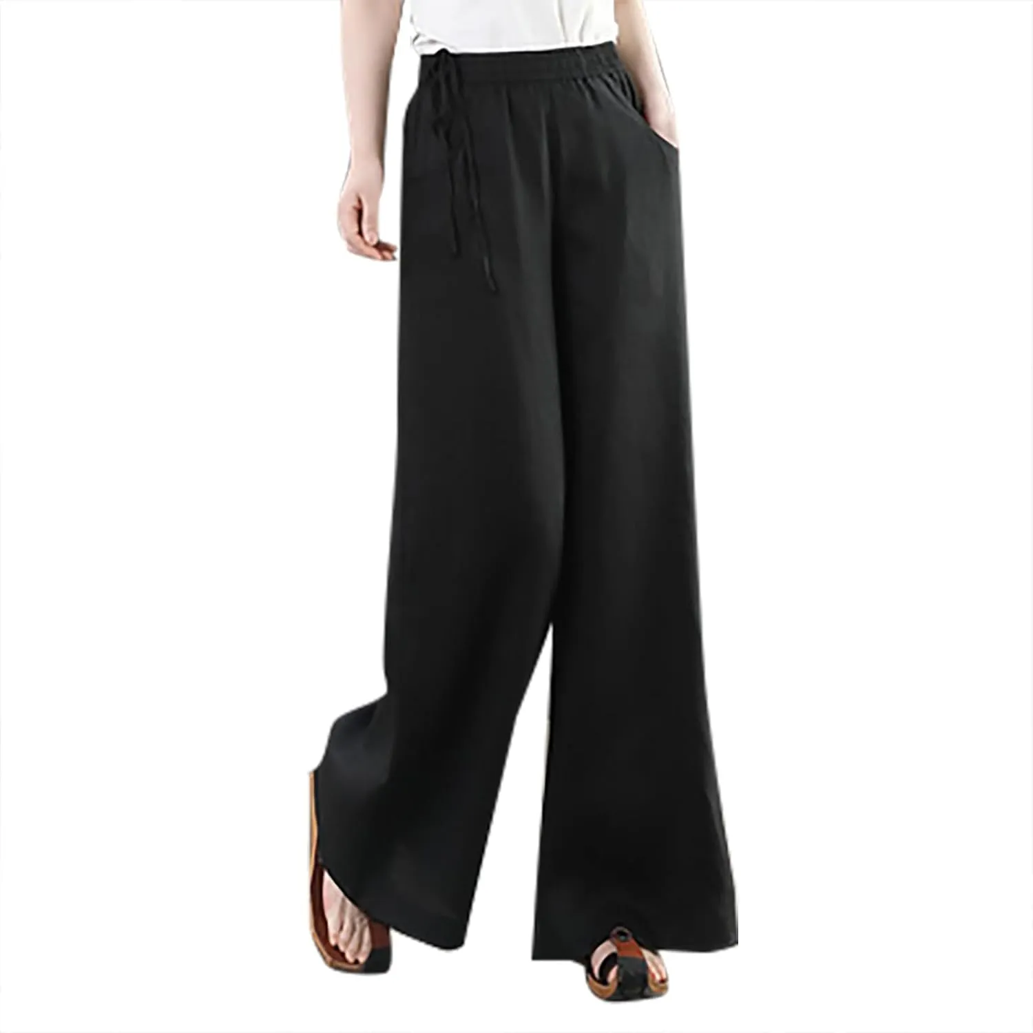 Women's Cotton Linen Palazzo Pants Trendy Wide Leg Pants High Waisted Boho Pants Summer Beach Outfits with Pockets