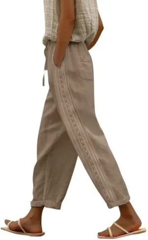 Womens Cotton Linen Pants Summer Casual Wide Leg Elastic Palazzo Pants High Waisted Loose Beach Trousers with Pockets