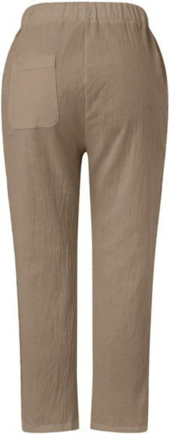 Womens Cotton Linen Pants Summer Casual Wide Leg Elastic Palazzo Pants High Waisted Loose Beach Trousers with Pockets