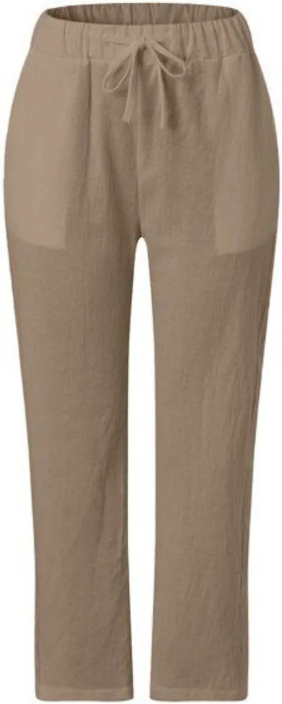 Womens Cotton Linen Pants Summer Casual Wide Leg Elastic Palazzo Pants High Waisted Loose Beach Trousers with Pockets