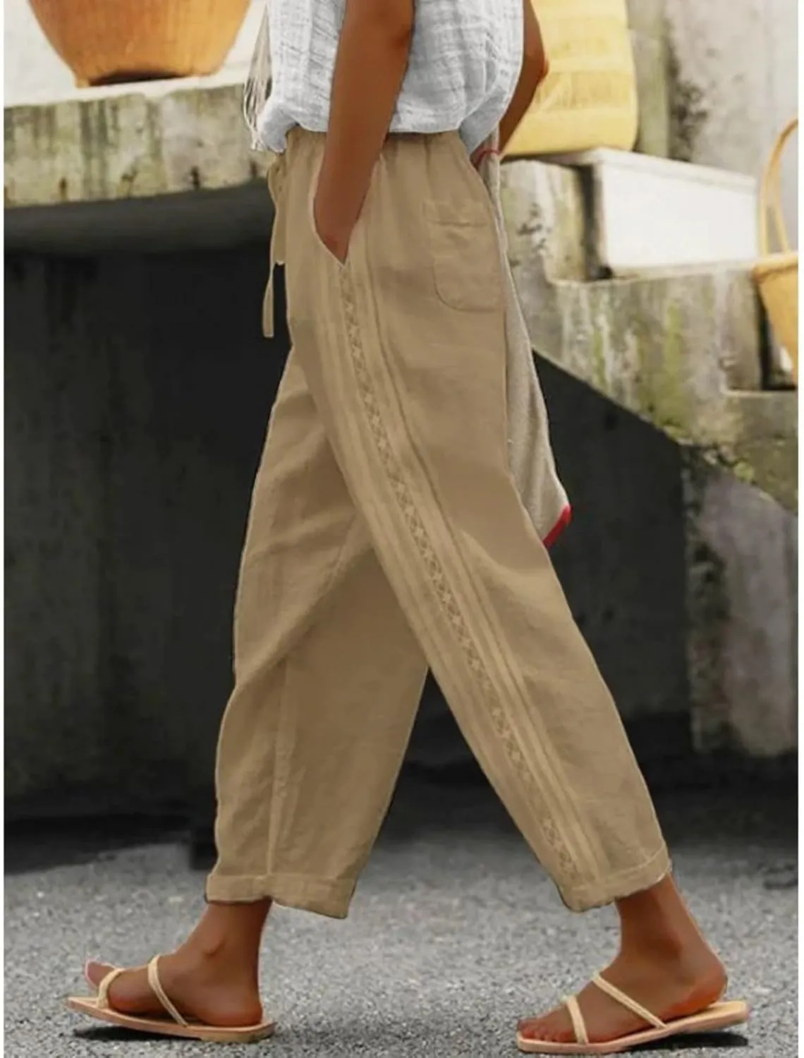 Womens Cotton Linen Pants Summer Casual Wide Leg Elastic Palazzo Pants High Waisted Loose Beach Trousers with Pockets