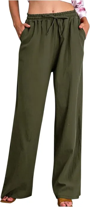 Women's Cotton Linen Pants Summer Elastic Waist Palazzo Pants with Drawstring Flowy Wide Leg Beach Trousers with Pockets