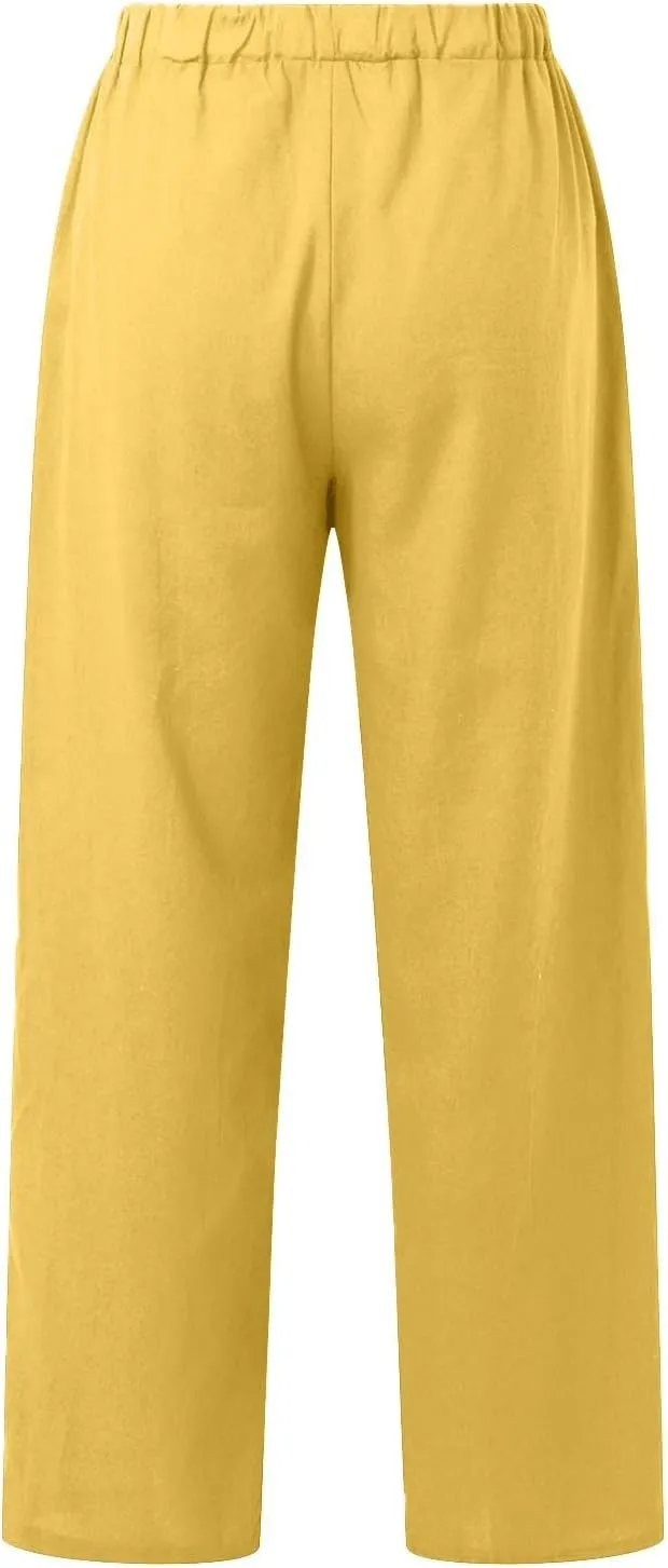 Women's Cotton Linen Pants Summer Palazzo Flowy Elastic Waist Straight Leg Beach Trousers with Pockets Outfits 2025