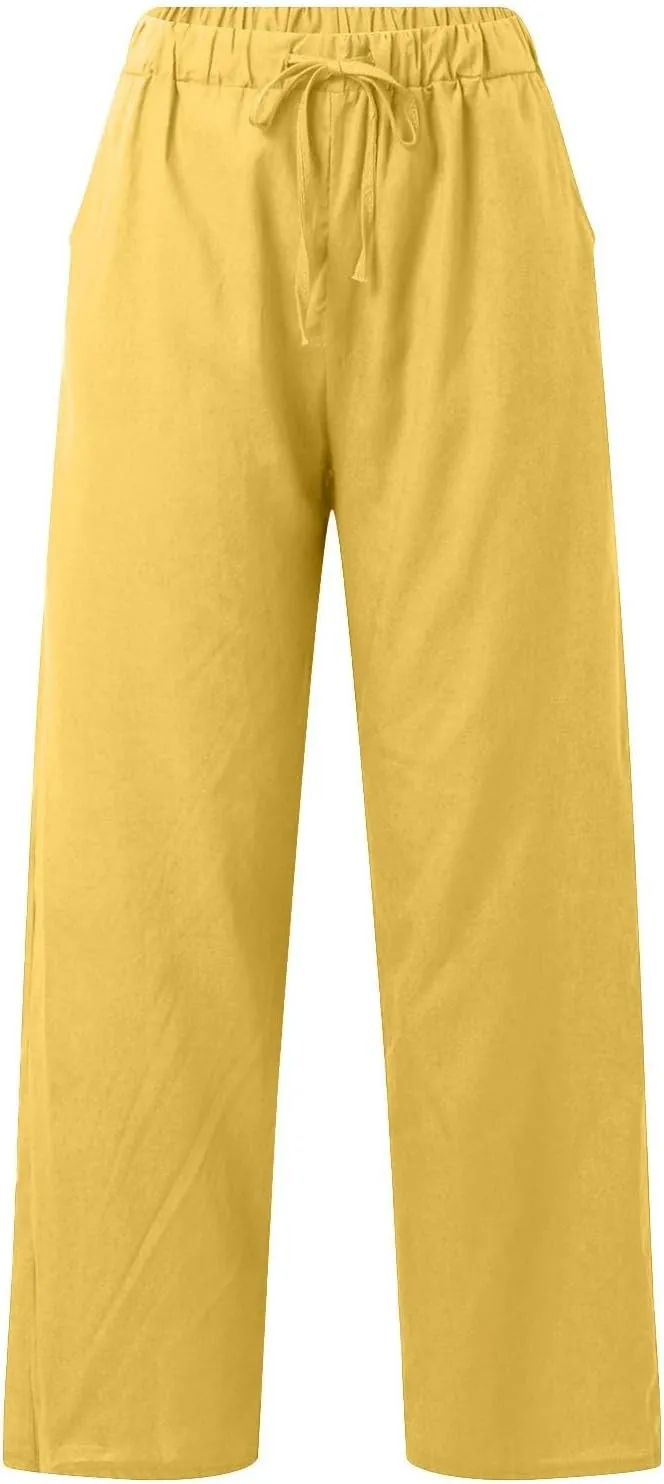 Women's Cotton Linen Pants Summer Palazzo Flowy Elastic Waist Straight Leg Beach Trousers with Pockets Outfits 2025