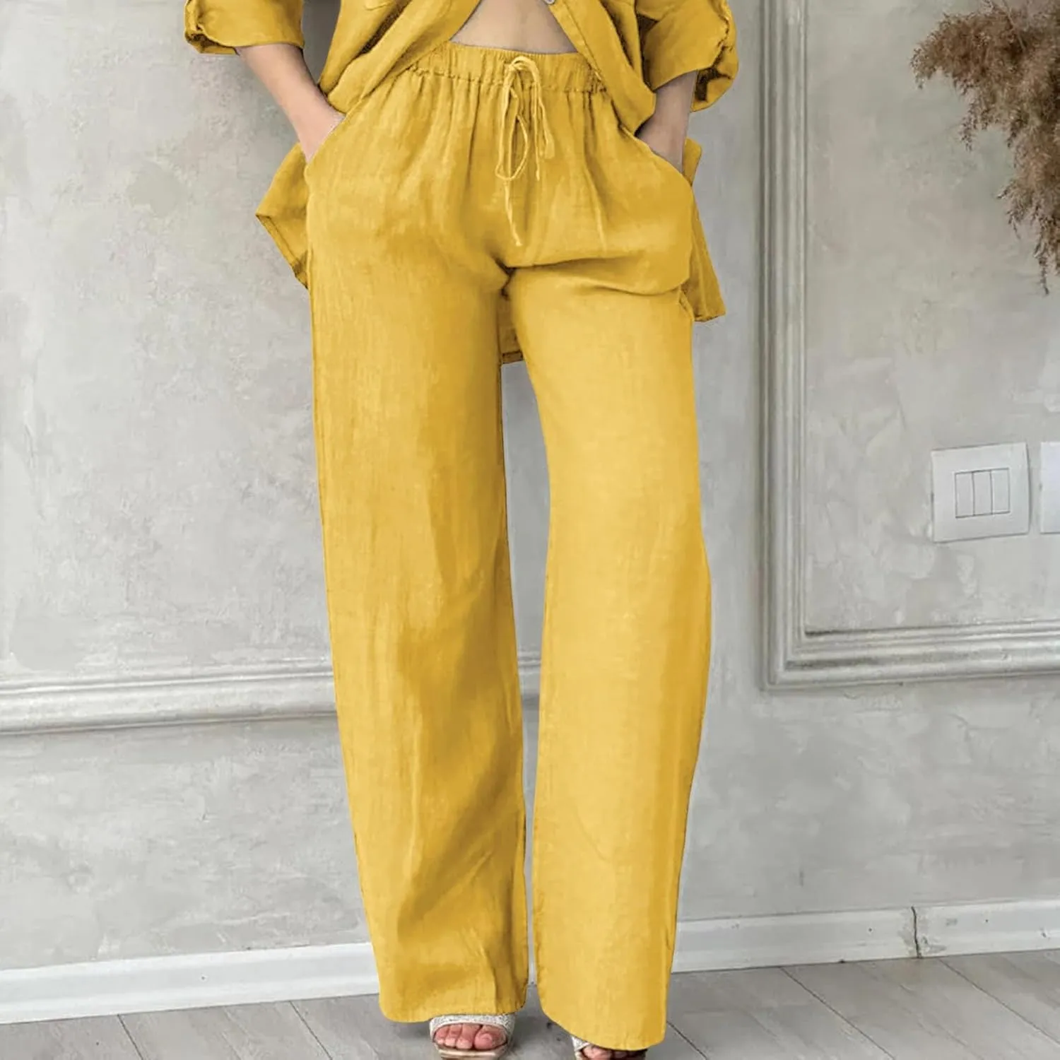 Women's Cotton Linen Pants Summer Palazzo Flowy Elastic Waist Straight Leg Beach Trousers with Pockets Outfits 2025