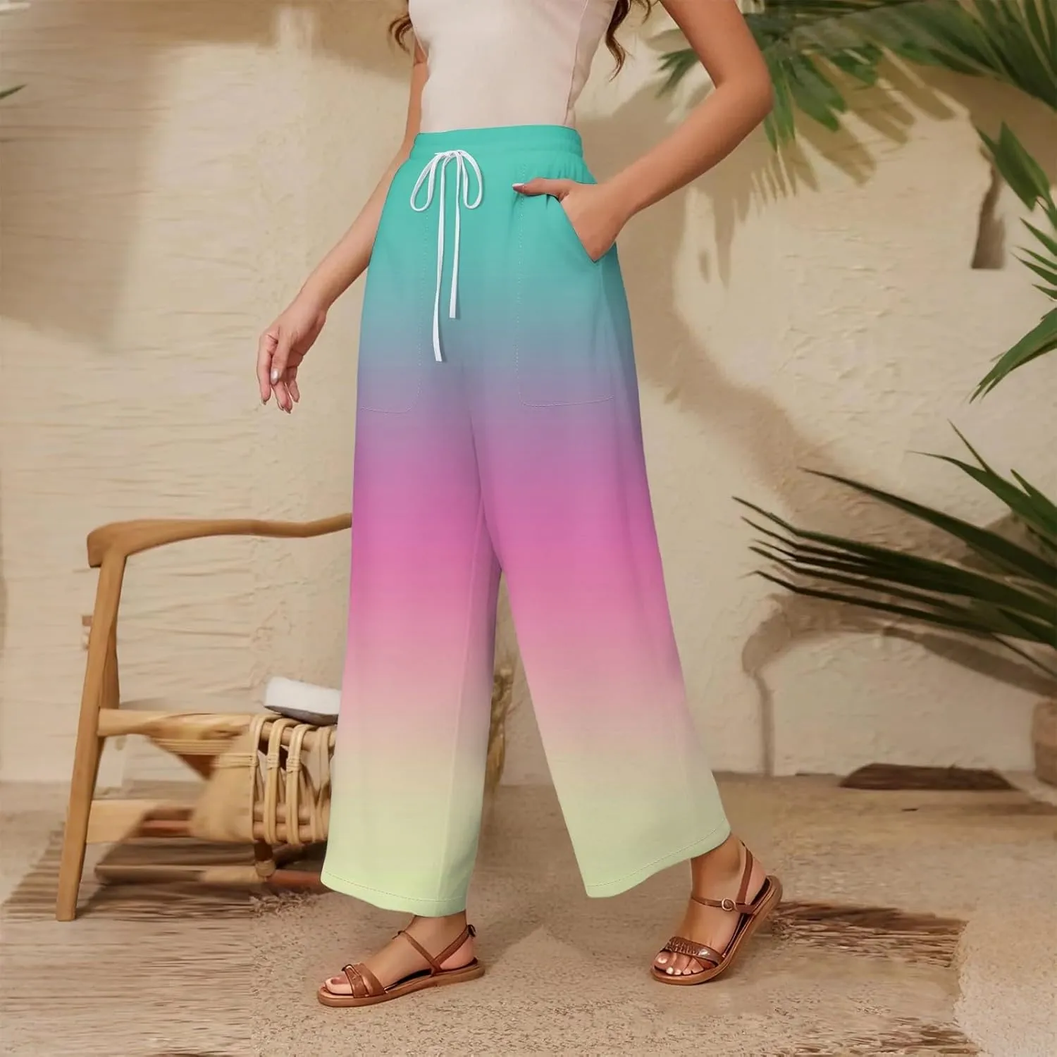 Women's Cotton Linen Summer High Waist Palazzo Pants Flowy Wide Leg Beach Trousers with Pockets 2025