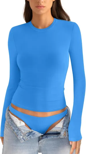 Womens Cotton Long Sleeve Shirts Crew Neck Slim Fit Basic Going Out Crop Outfits for Spring Fall 2025