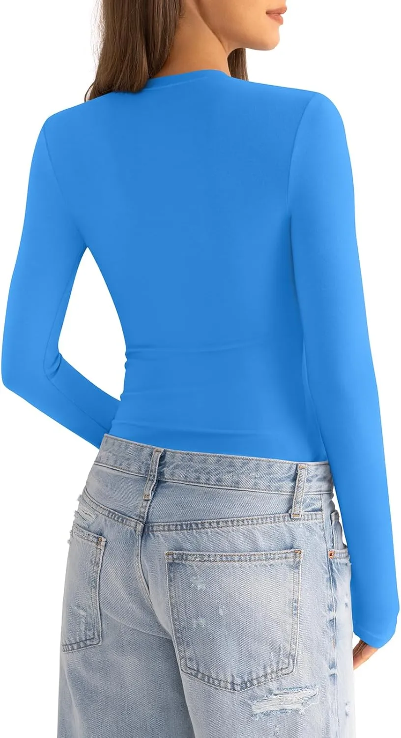 Womens Cotton Long Sleeve Shirts Crew Neck Slim Fit Basic Going Out Crop Outfits for Spring Fall 2025