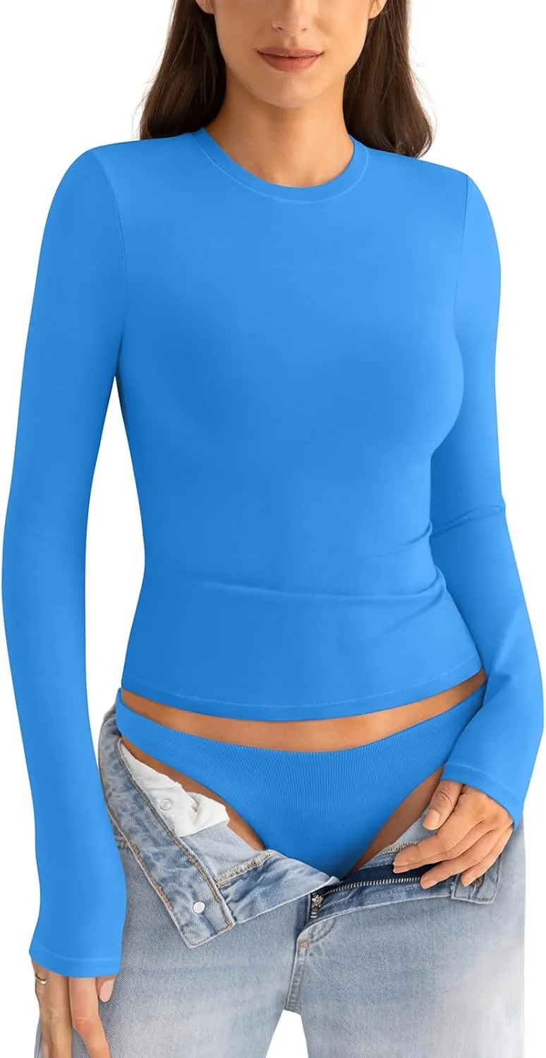 Womens Cotton Long Sleeve Shirts Crew Neck Slim Fit Basic Going Out Crop Outfits for Spring Fall 2025