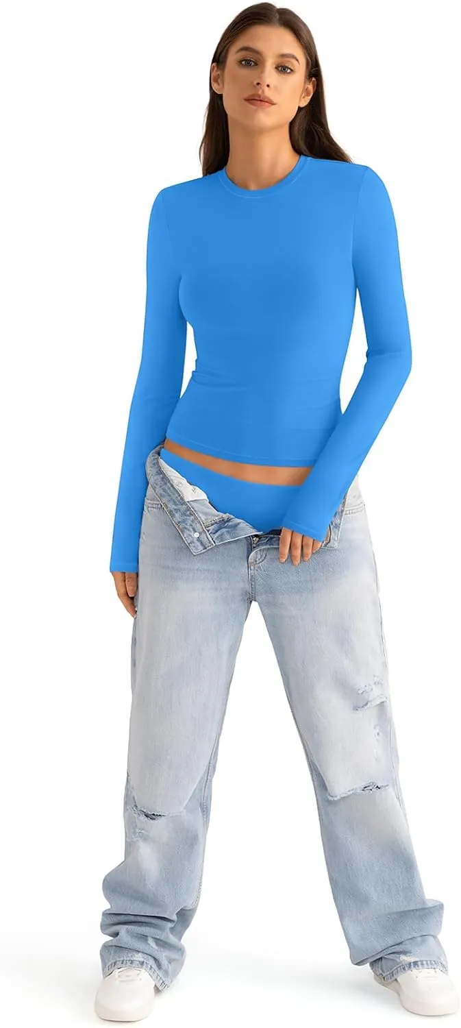 Womens Cotton Long Sleeve Shirts Crew Neck Slim Fit Basic Going Out Crop Outfits for Spring Fall 2025
