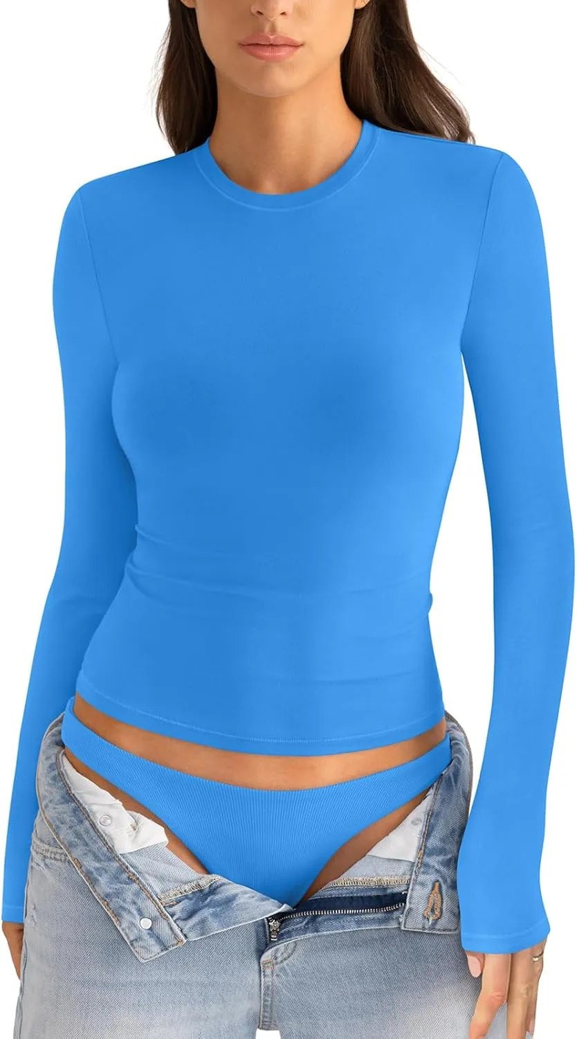 Womens Cotton Long Sleeve Shirts Crew Neck Slim Fit Basic Going Out Crop Outfits for Spring Fall 2025