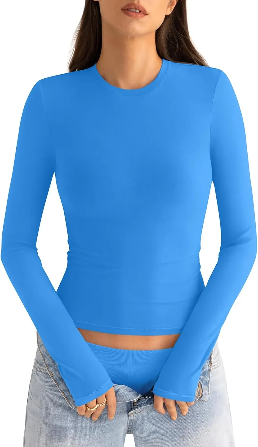 Womens Cotton Long Sleeve Shirts Crew Neck Slim Fit Basic Going Out Crop Outfits for Spring Fall 2025