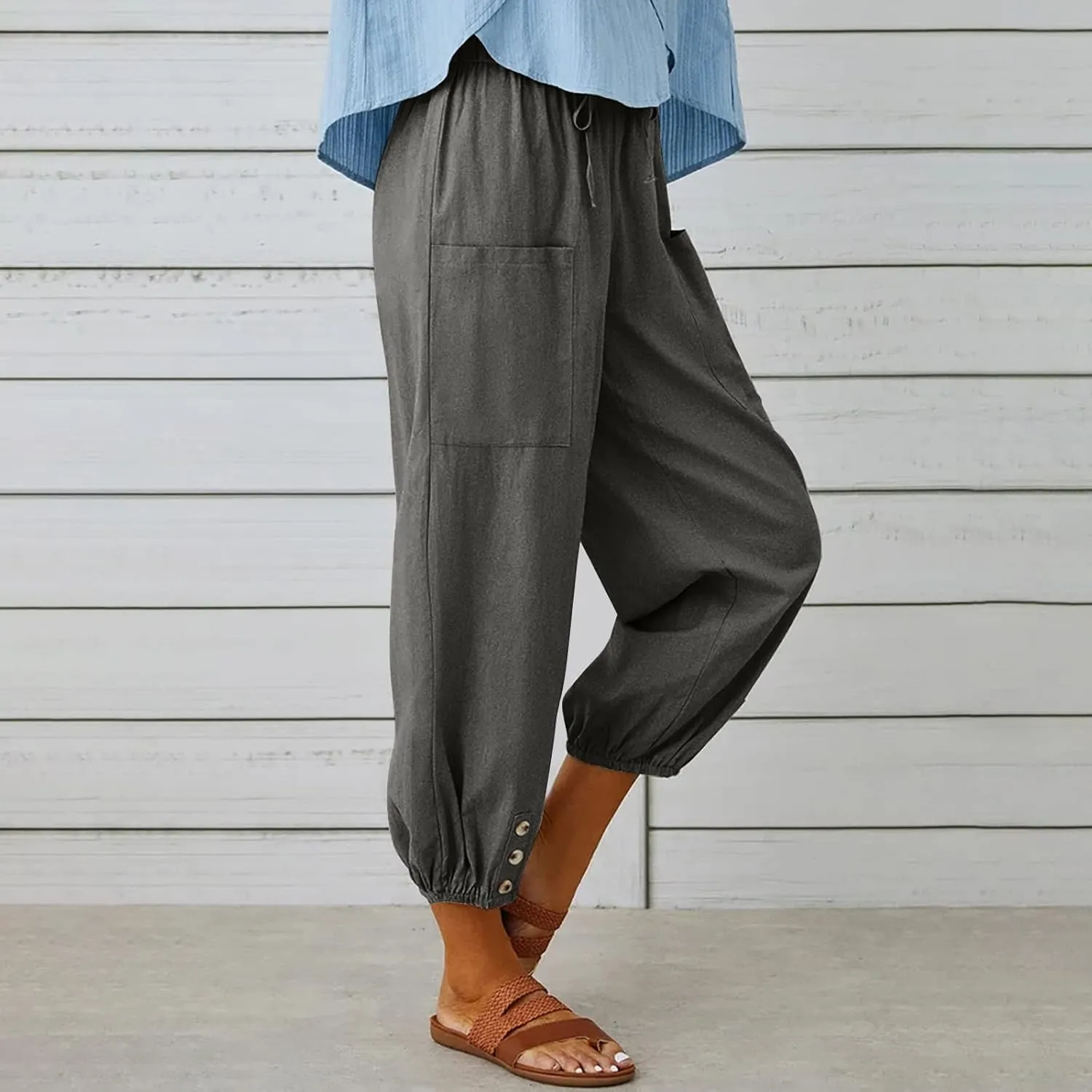 Women's Cropped Drawstring Waist Wide Leg Loose Cotton Linen Capri Pants for Women