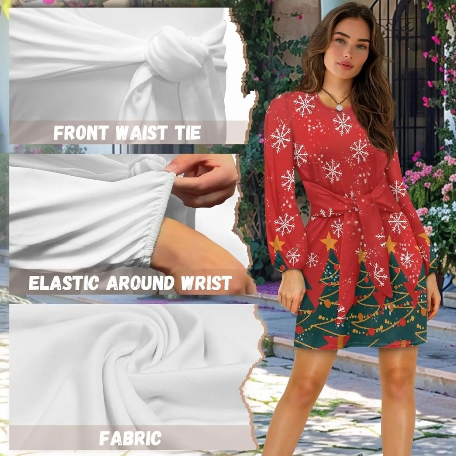 Womens Elegant Long Sleeve Dress Crewneck Tie Waist Ruched Mini Dresses Spring Summer A Line Outfits Casual Shirts