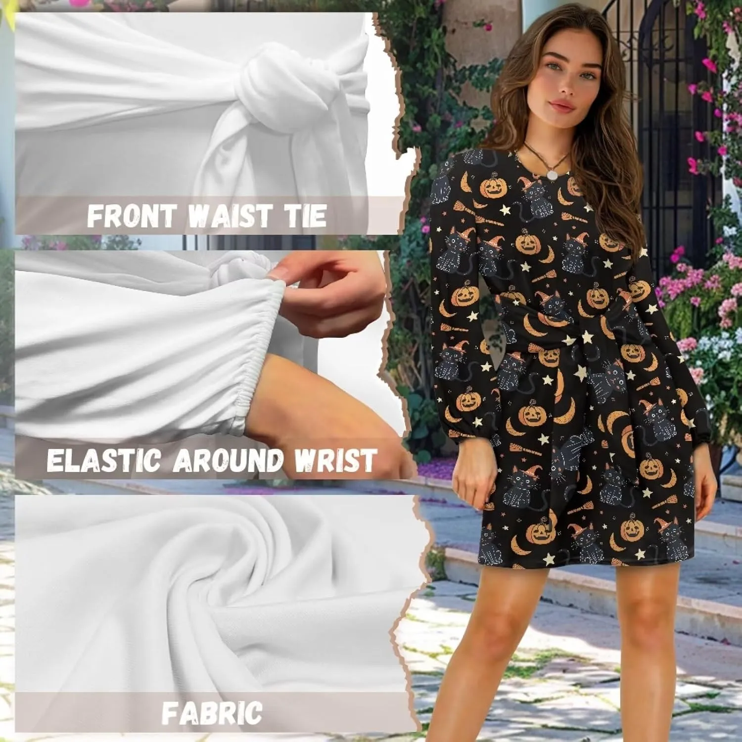 Womens Elegant Long Sleeve Dress Crewneck Tie Waist Ruched Mini Dresses Spring Summer A Line Outfits Casual Shirts