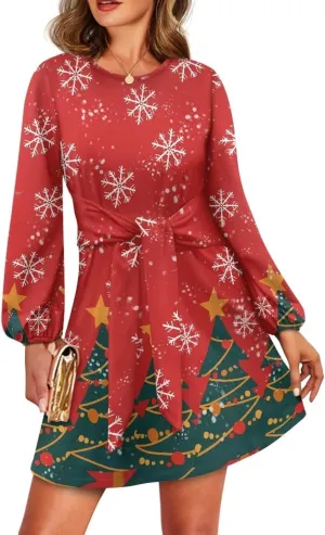 Womens Elegant Long Sleeve Dress Crewneck Tie Waist Ruched Mini Dresses Spring Summer A Line Outfits Casual Shirts