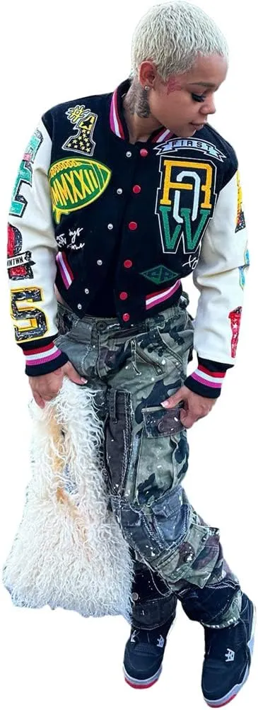 Womens Fashion Ribbed Long Sleeve Graffiti Print Button Casual Baseball Jacket Outwear