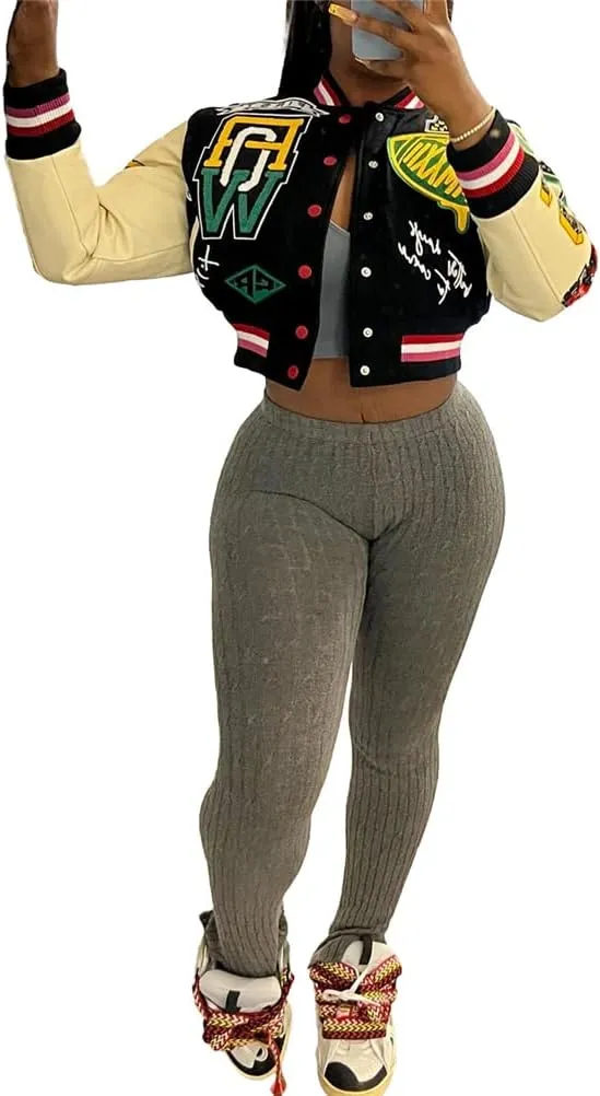 Womens Fashion Ribbed Long Sleeve Graffiti Print Button Casual Baseball Jacket Outwear
