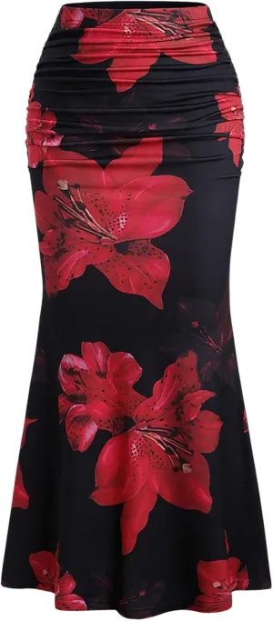 Women's Floral Print Maxi Skirt Ruffle Hem Ruched Fishtail Bodycon Long Skirts Vacation Going Out Outfits