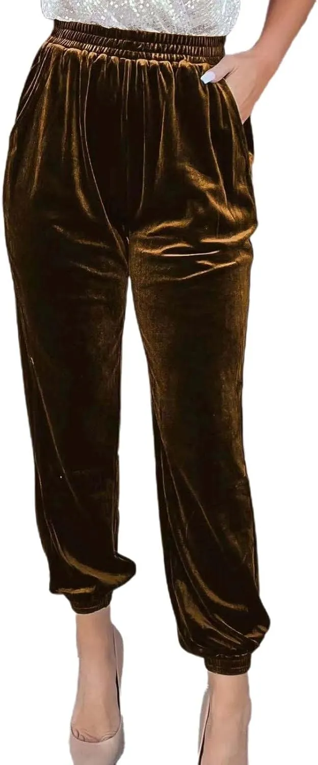 Women's Golden Velvet Harem Pants High Waist Yoga Trousers Casual Track Cuff Stretch Trousers with Pockets