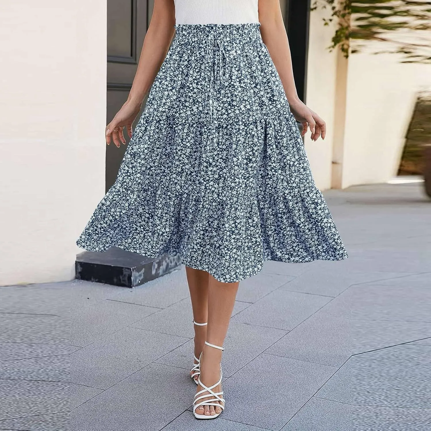 Women's High Elastic Waist Bohemian Midi Skirt - Pleated Ruffle A-Line Skirt for Casual Wear