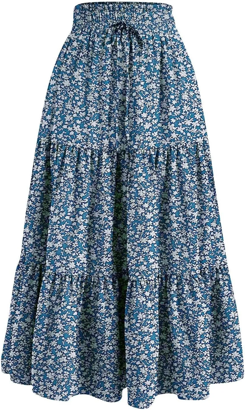 Women's High Elastic Waist Bohemian Midi Skirt - Pleated Ruffle A-Line Skirt for Casual Wear
