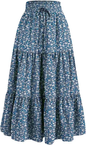 Women's High Elastic Waist Bohemian Midi Skirt - Pleated Ruffle A-Line Skirt for Casual Wear
