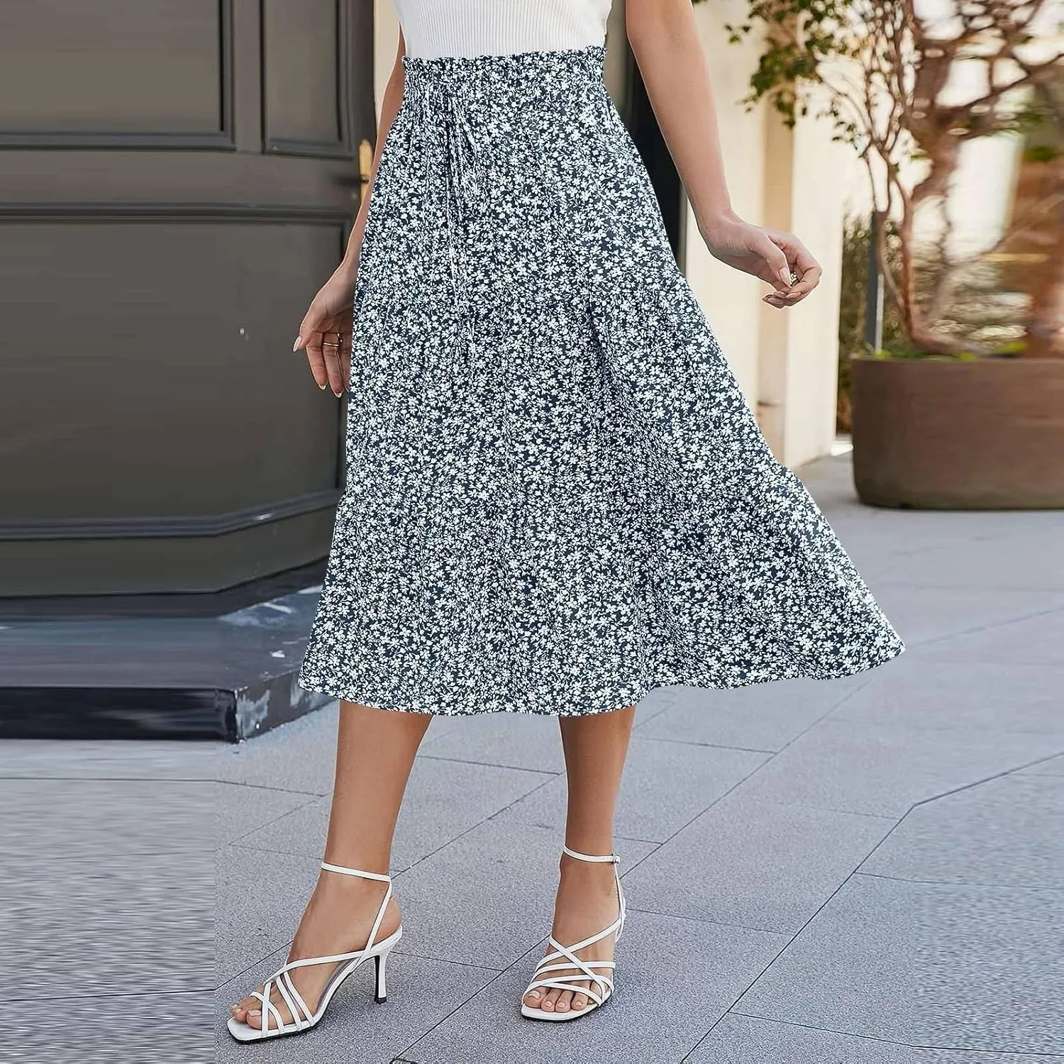 Women's High Elastic Waist Bohemian Midi Skirt - Pleated Ruffle A-Line Skirt for Casual Wear
