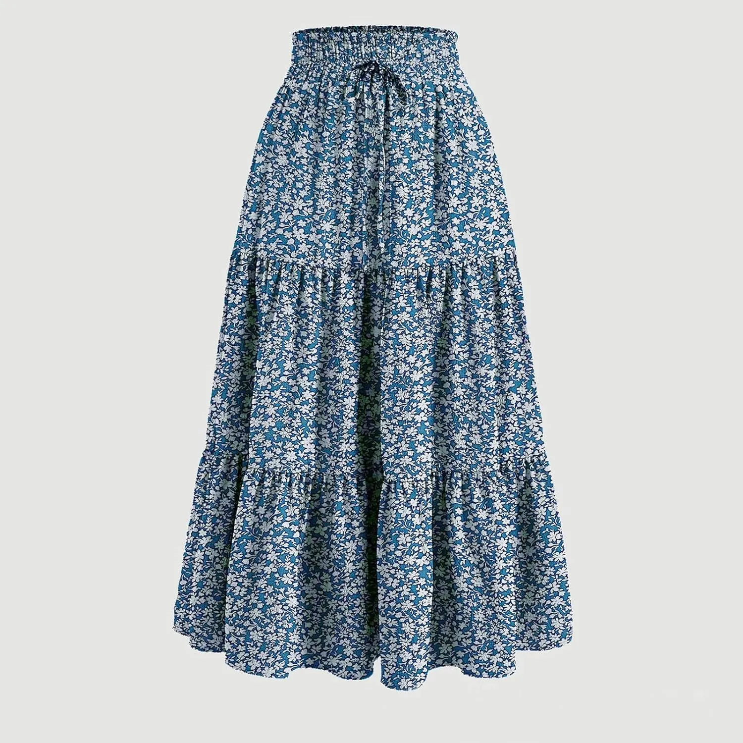 Women's High Elastic Waist Bohemian Midi Skirt - Pleated Ruffle A-Line Skirt for Casual Wear