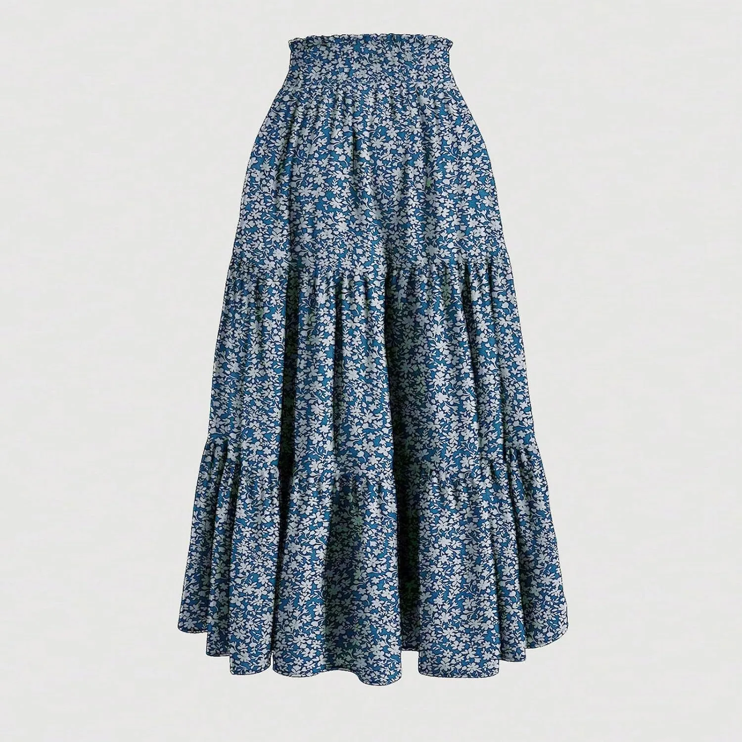 Women's High Elastic Waist Bohemian Midi Skirt - Pleated Ruffle A-Line Skirt for Casual Wear