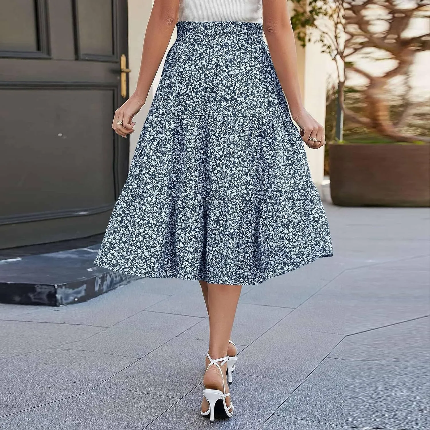 Women's High Elastic Waist Bohemian Midi Skirt - Pleated Ruffle A-Line Skirt for Casual Wear