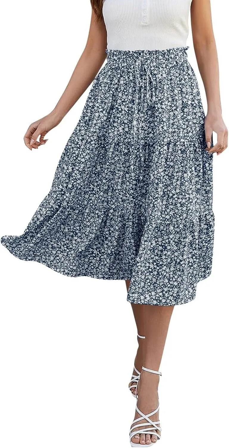 Women's High Elastic Waist Bohemian Midi Skirt - Pleated Ruffle A-Line Skirt for Casual Wear