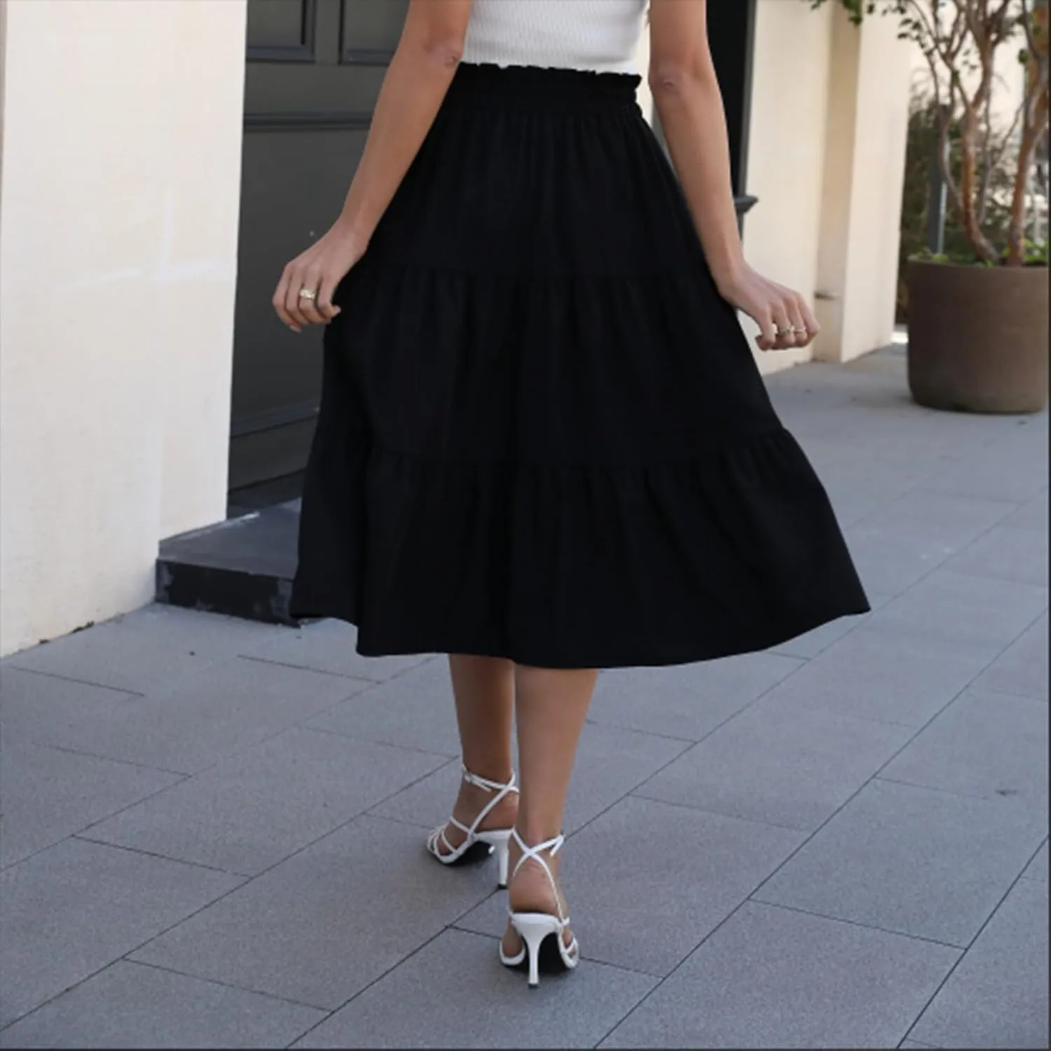 Women's High Elastic Waist Bohemian Midi Skirt - Pleated Ruffle A-Line Skirt for Casual Wear