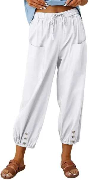 Women's High Waist Drawstring Cotton Linen Pants with 2 Pockets Straight Wide Leg Capri Cropped Trouser for Women