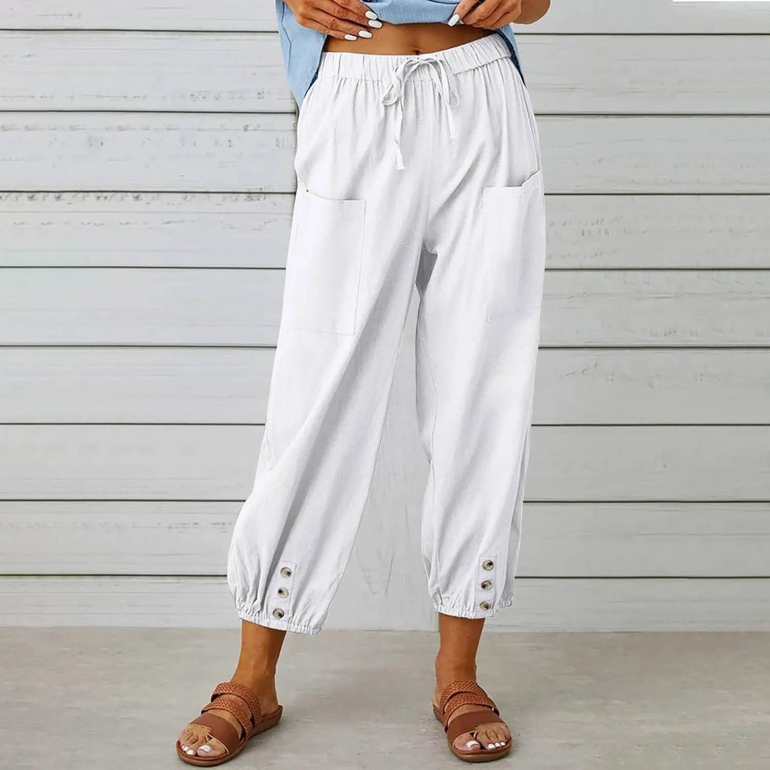 Women's High Waist Drawstring Cotton Linen Pants with 2 Pockets Straight Wide Leg Capri Cropped Trouser for Women