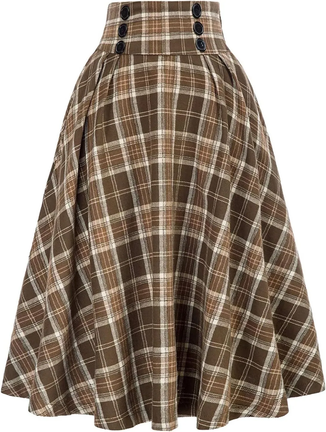 Women's High Waist Vintage Long Skirts Plaid Elegant Elastic Waist Pleated A-Line Casual Midi Skirt