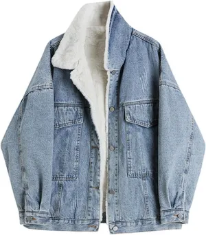 Women's Lamb Wool Denim Jacket Style Retro Single Breasted Fleece Denim Jacket Winter Fashion Casual Warm Thickened Jacket-Blue-M