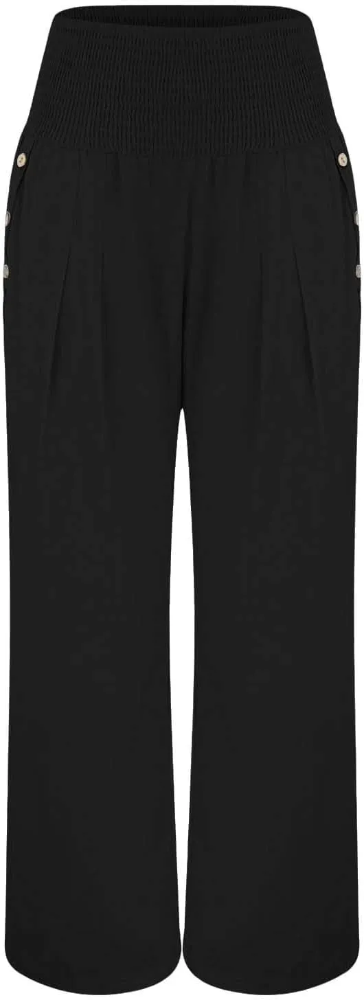Womens Linen Blend Summer Letter Patched Palazzo Lounge Pants Elastic Waist Wide Leg Slim Fit Palazzo