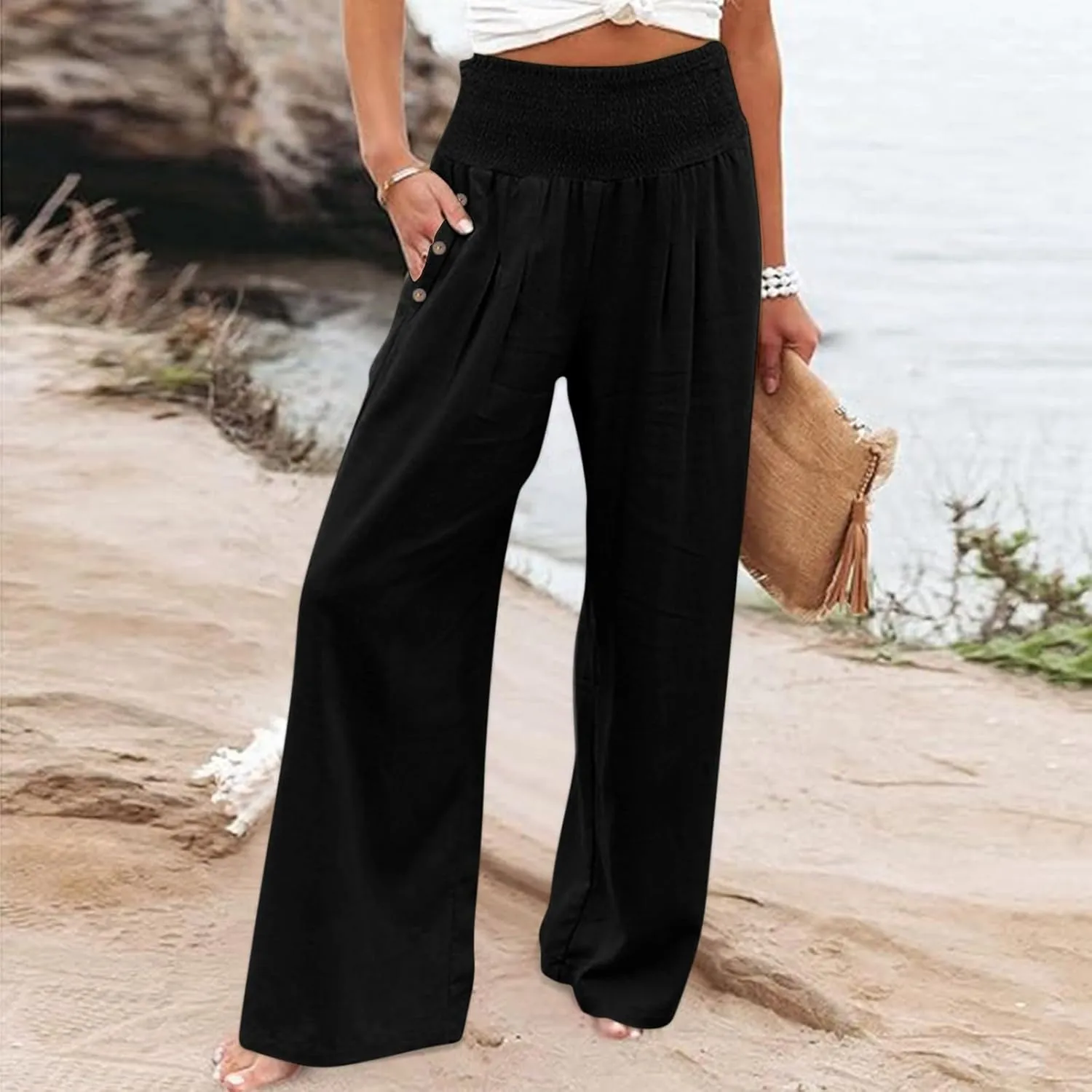 Womens Linen Blend Summer Letter Patched Palazzo Lounge Pants Elastic Waist Wide Leg Slim Fit Palazzo