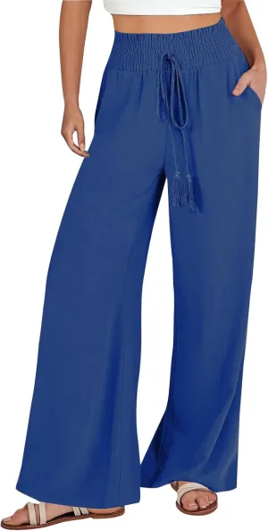 Women's Linen Blend Summer Printed Palazzo Pants Elastic Waist Bootcut Plus Size Palazzo Lounge Pants Beach