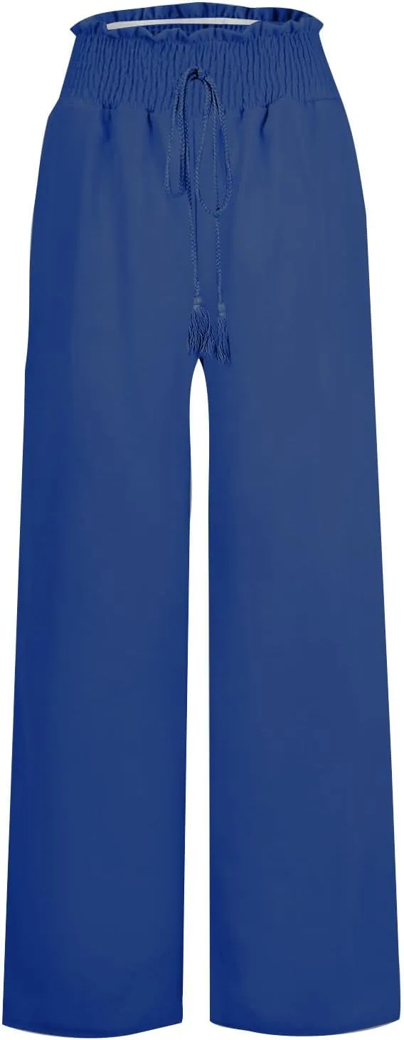 Women's Linen Blend Summer Printed Palazzo Pants Elastic Waist Bootcut Plus Size Palazzo Lounge Pants Beach