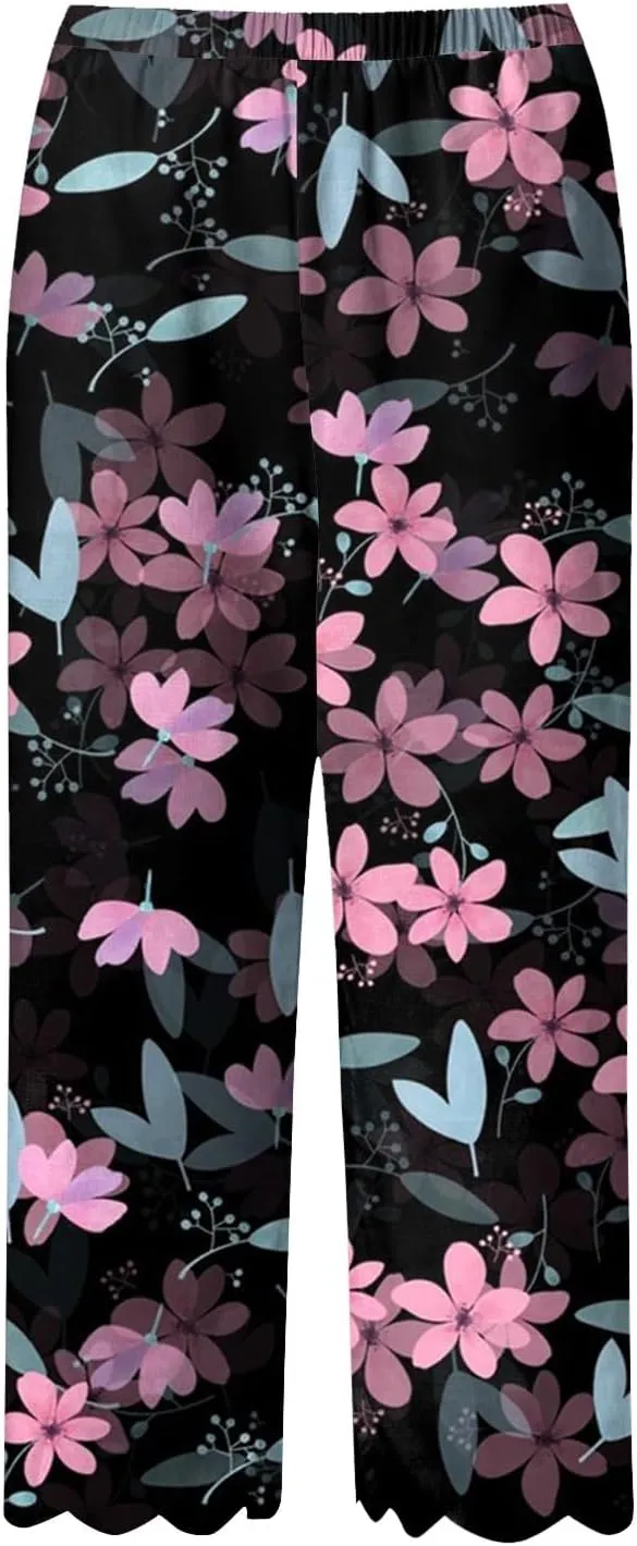 Womens Linen Capri Pants 2024 Summer Casual High Waist Drawstring Elastic Boho Floral Print Wide Leg Cropped Trousers