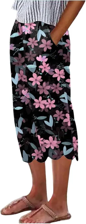 Womens Linen Capri Pants 2024 Summer Casual High Waist Drawstring Elastic Boho Floral Print Wide Leg Cropped Trousers