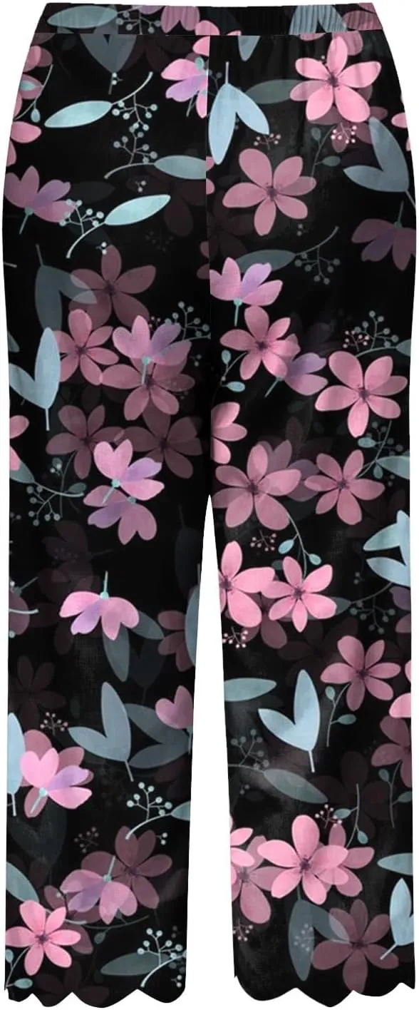 Womens Linen Capri Pants 2024 Summer Casual High Waist Drawstring Elastic Boho Floral Print Wide Leg Cropped Trousers