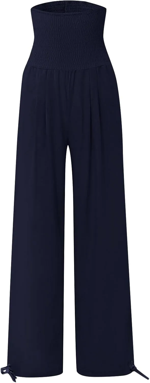 Womens Linen Pants 2025 Summer Casual Loose Wide Leg Palazzo Pants Smocked High Waist Flowy Beach Trousers