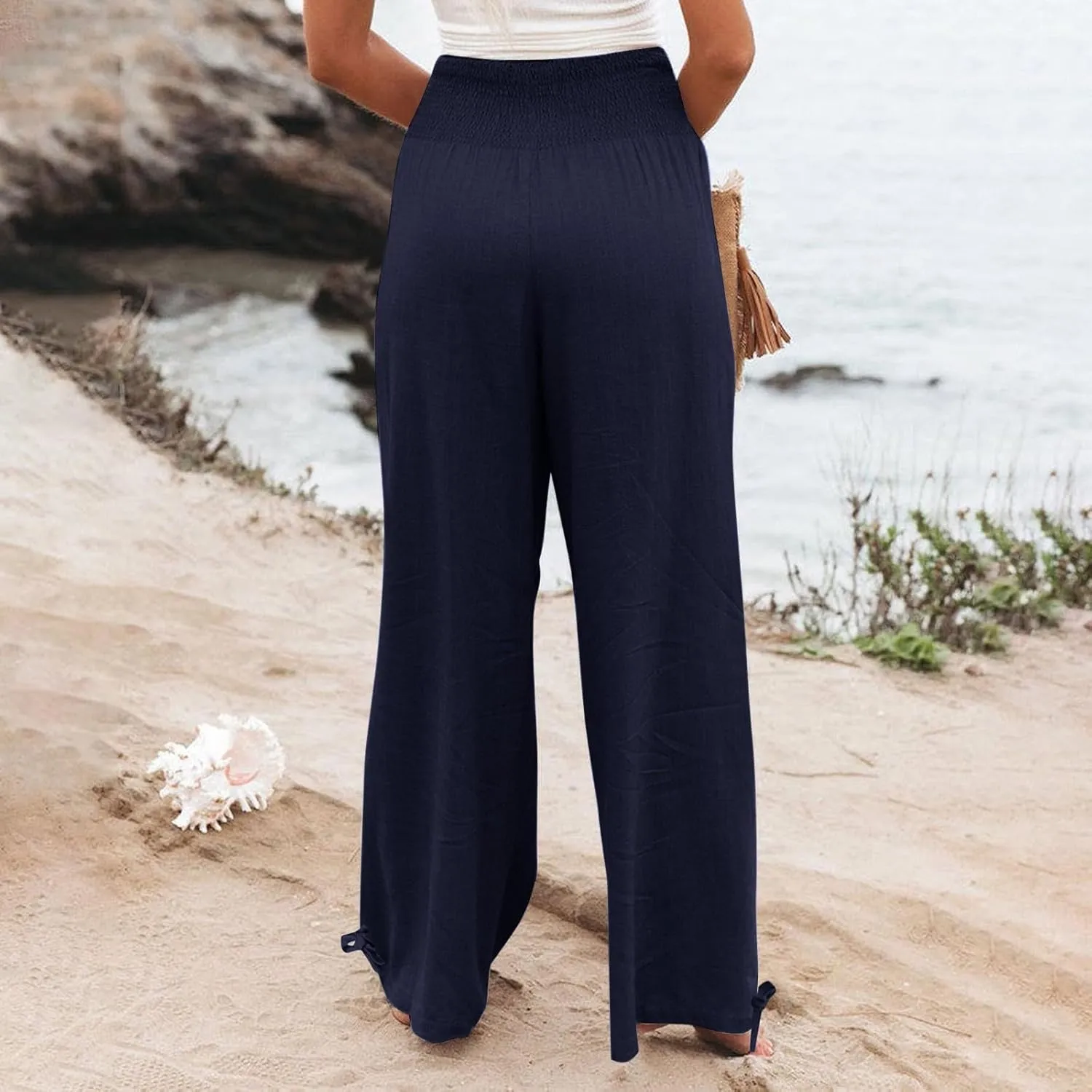 Womens Linen Pants 2025 Summer Casual Loose Wide Leg Palazzo Pants Smocked High Waist Flowy Beach Trousers
