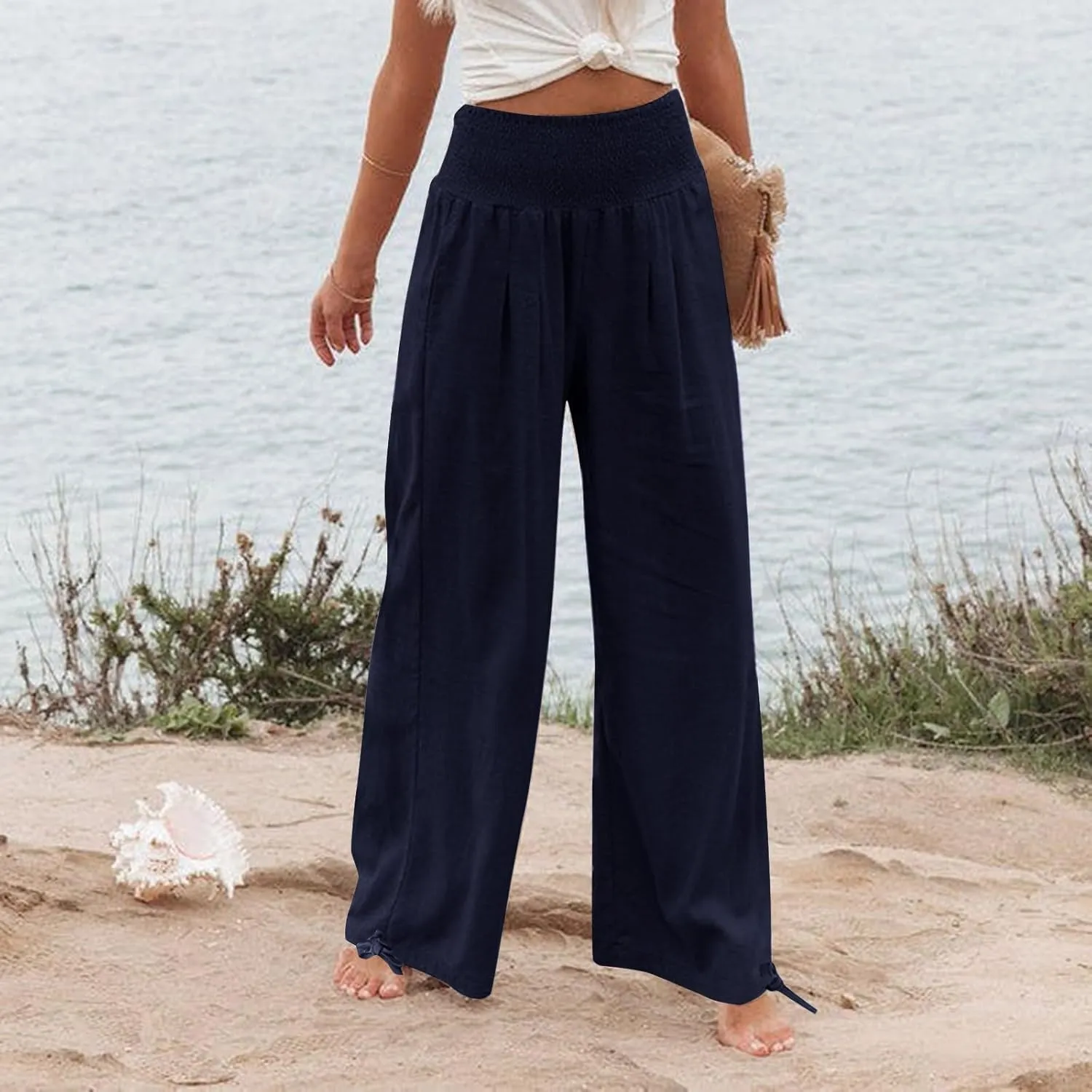 Womens Linen Pants 2025 Summer Casual Loose Wide Leg Palazzo Pants Smocked High Waist Flowy Beach Trousers