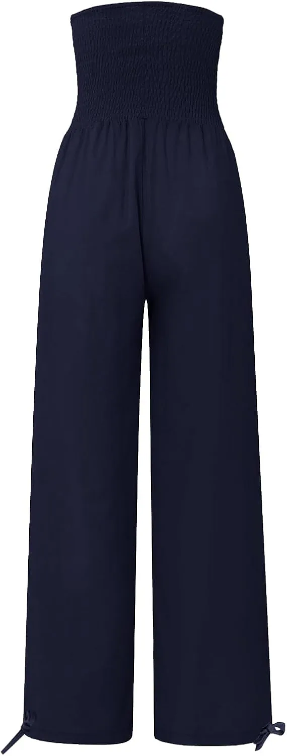 Womens Linen Pants 2025 Summer Casual Loose Wide Leg Palazzo Pants Smocked High Waist Flowy Beach Trousers