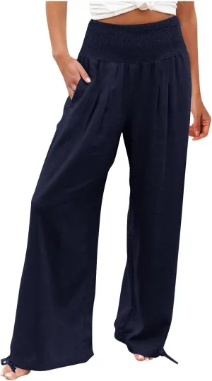 Womens Linen Pants 2025 Summer Casual Loose Wide Leg Palazzo Pants Smocked High Waist Flowy Beach Trousers