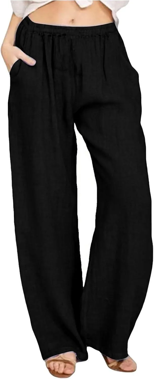 Womens Linen Pants Casual Beach Vacation Clothes Trendy Wide Leg Pants Woman Flowy Palazzo Trousers Pants